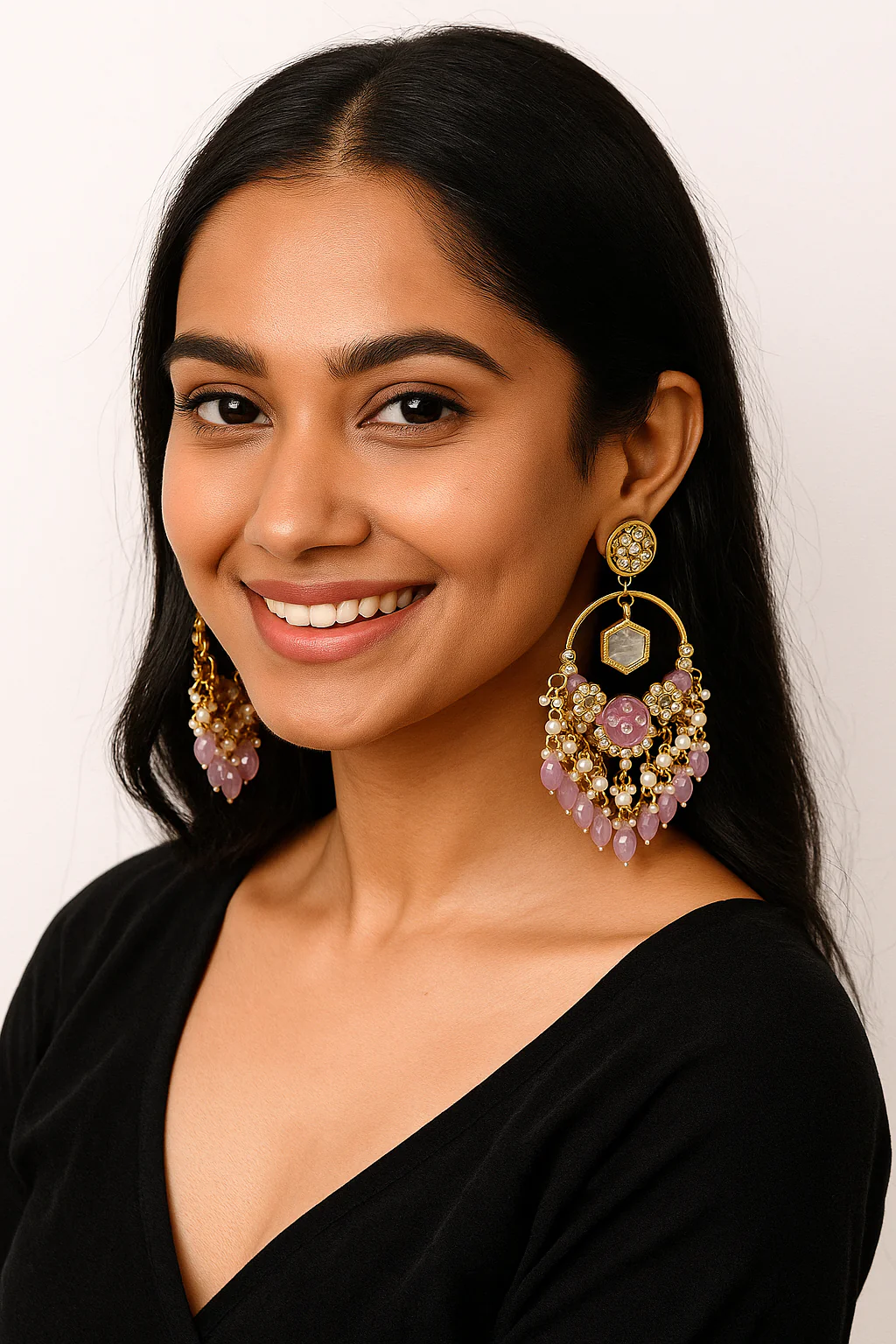 ✨ “Lavender Pearl AD Stone Chandbali Earrings – Traditional Kundan Style Wedding & Party Wear Jewelry”