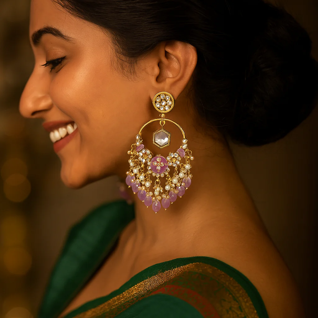 ✨ “Lavender Pearl AD Stone Chandbali Earrings – Traditional Kundan Style Wedding & Party Wear Jewelry” - Image 2