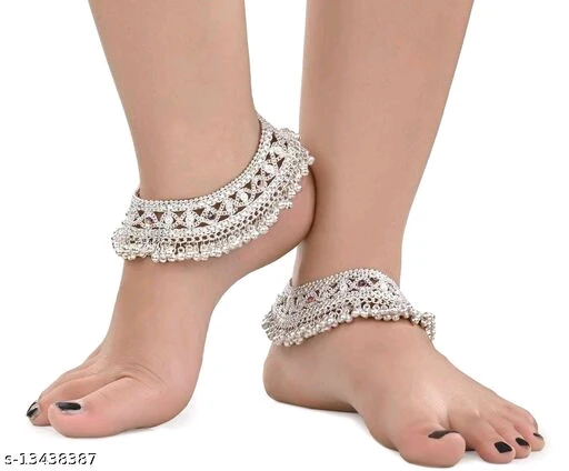 Aanya Centric 1 Pair Bridal Heavy Silver Plated White Metal Indian Traditional Ethnic Anklets चांदी का पायल Payal - Image 2