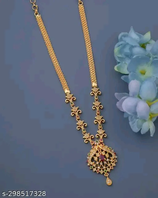 Allure Fancy Gold-Plated Brass Necklace with Cubic Zirconia - Adjustable, Free Size