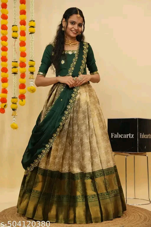 Beautiful Semi-Stitched Half Saree for Women with Woven Design & Rangoli Embroidery Dupatta#