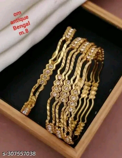 Elegant Gold-Plated Traditional Bangle Set for Women & Girls - 4 Pcs with Cubic Zirconia Stones