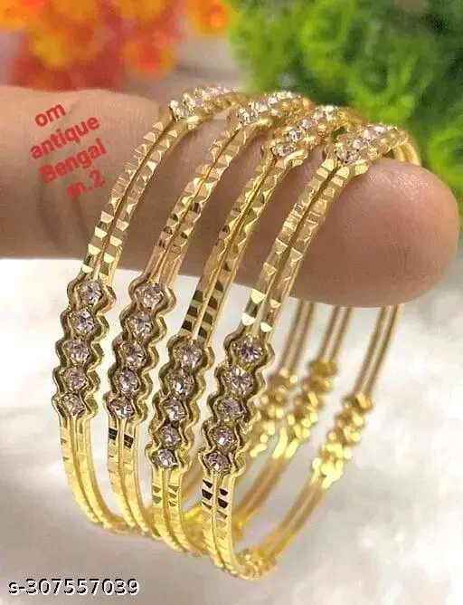 Elegant Gold Plated Traditional Bangle Set for Women & Girls – 4 Pcs with Cubic Zirconia Stones