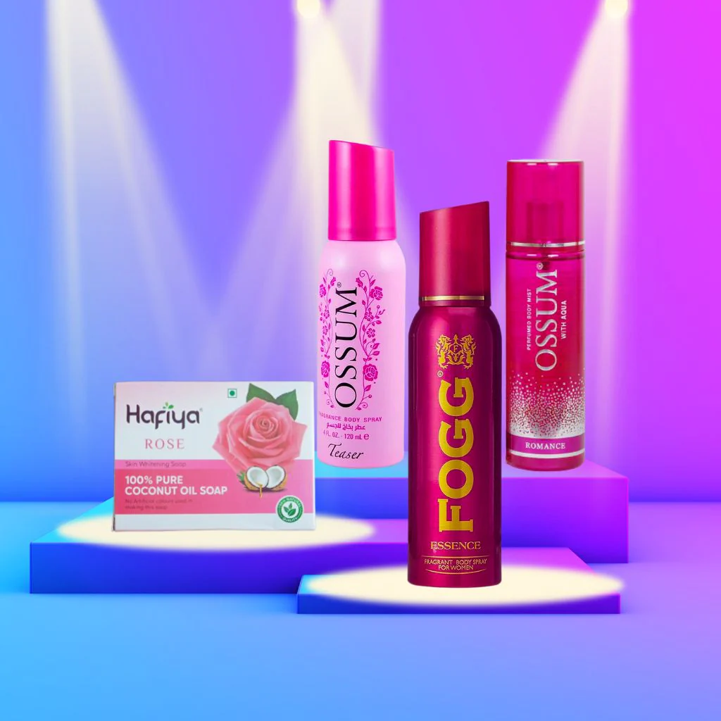 Hafiya Rose Soap Ossum Teaser,Romance, Fogg Essence Perfume Combo 4Pcs Set Offer