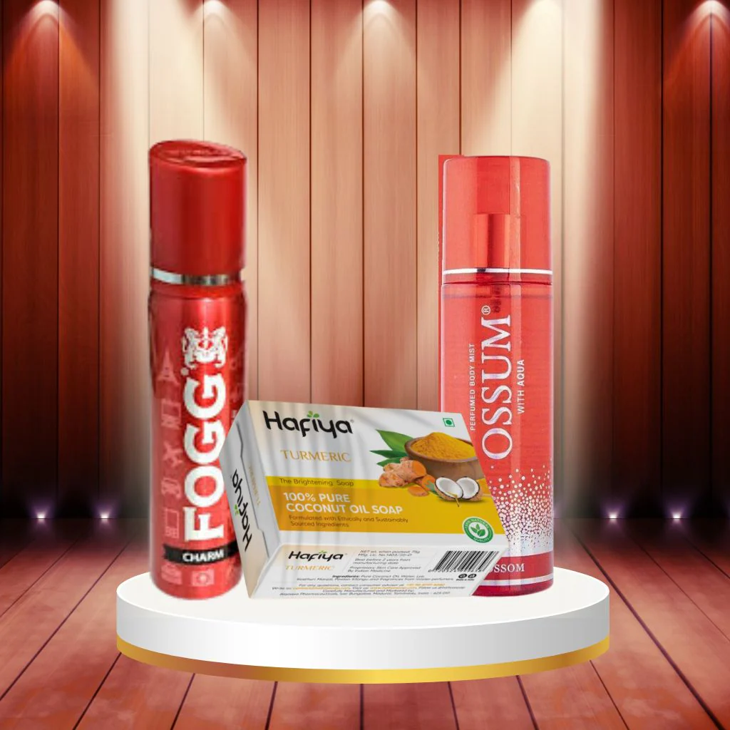Hafiya Turmeric Soap,Ossum Blossom, Fogg Napoleon Perfume Combo 3Pcs Set Offer