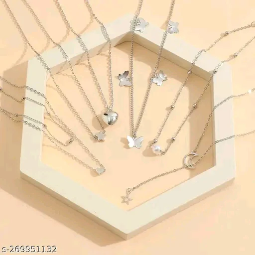 Jewels Galaxy Silver Plated "Six-Pieces" Layered Necklace for Women & Girls - Adjustable Free Size