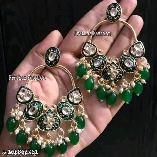 Jeweriche Imitation Beautiful Chandelier Earrings for Girls & Women (Paan Meena-Green) | Gold-Plated with Kundan Stones