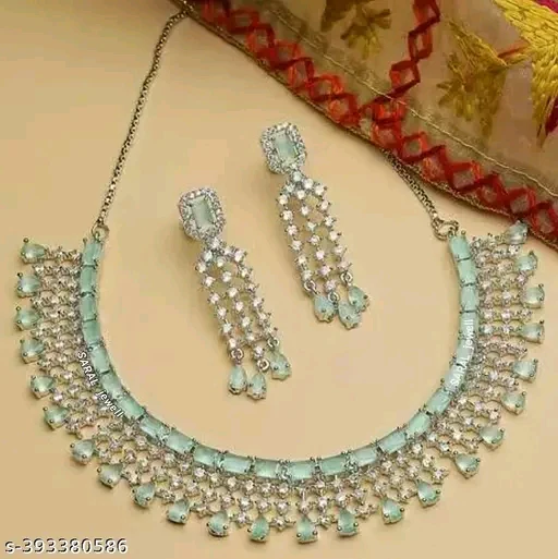 Mint Green Rhodium Plated Jewelry Set with Cubic Zirconia – Necklace & Earrings
