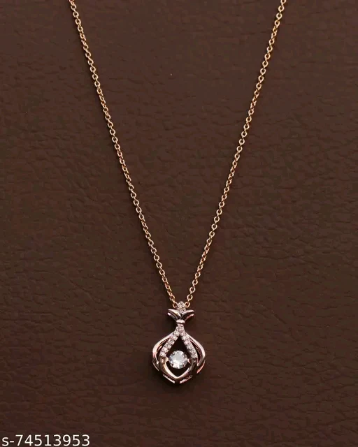 Rose Gold American Diamond Pendant &amp; Chain Set for Women – Cubic Zirconia, Short Necklace, Brass Base Metal, Free Size