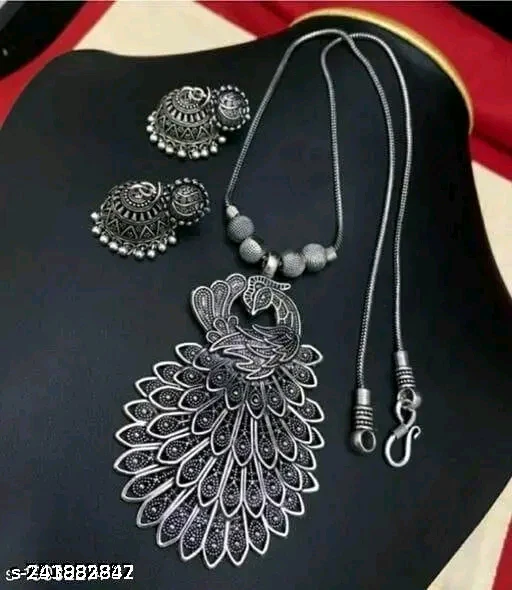 Shimmering Fusion Oxidised Silver Jewellery Set – Adjustable Necklace & Earrings Combo