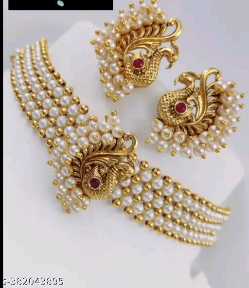 Gold-Plated Choker Necklace & Earrings Set – Radiant Pearl Elegance for Women | Bridal & Party Wear Jewelry"