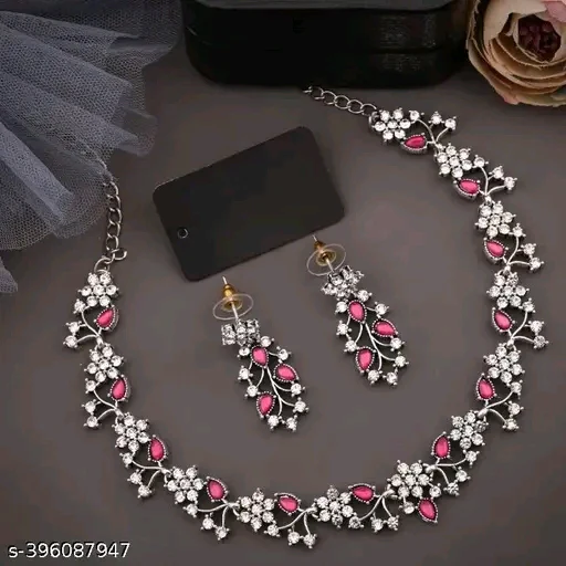 Shubh Jewels Trending Silver Plated Stylish Traditional Necklace Jewellery Set