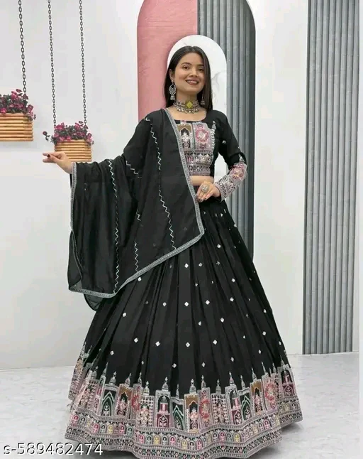 Silk Embroidered Semi-Stitched Lehenga with Unstitched Blouse & Dupatta #