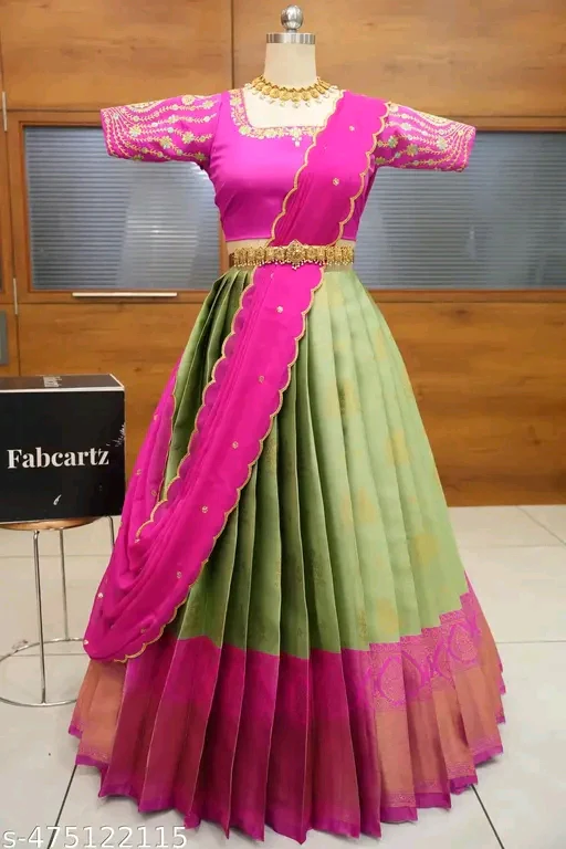 Trending Beautiful South Indian Style Half Saree With Blouse & Rangoli Embroidery Dupatta#