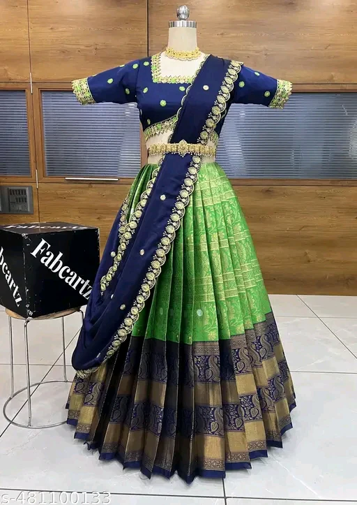 Trending South Indian Half Saree Set with Blouse & Rangoli Embroidery Dupatta#