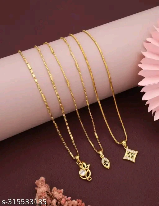 Women's Adjustable Gold-Plated Necklace with Cubic Zirconia and American Diamond Stones (Set of 3)